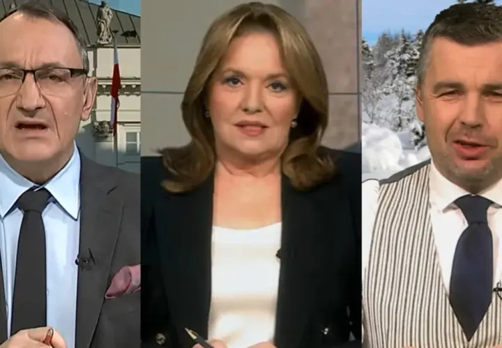 Trzech dziennikarzy i prezenterów TV Republika: mężczyzna w garniturze przed Pałacem Prezydenckim, kobieta w czarnej marynarce i mężczyzna w kamizelce na tle zimowego krajobrazu.