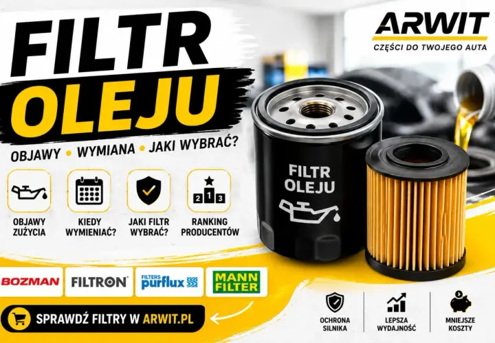 Dwa filtry oleju, jeden czarny z napisem "FILTR OLEJU", drugi pomarańczowy. Obok ikony symbolizujące objawy zużycia, wymianę i wybór filtra. Sprawdź filtry w ARWIT.PL.