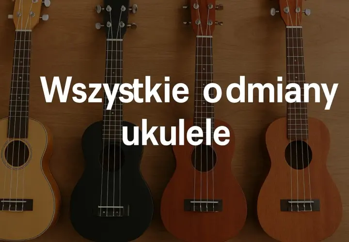 Cztery ukulele w różnych kolorach: jasne, czarne, brązowe i ciemnobrązowe. To małe, czterostrunowe instrumenty, które są świetne do nauki gry.