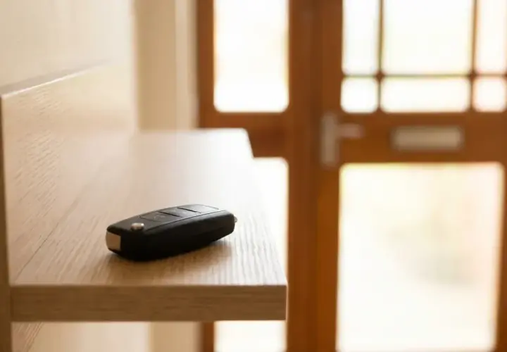 Kluczyk do samochodu leży na półce, gotowy do użycia z systemem keyless entry a keyless go.