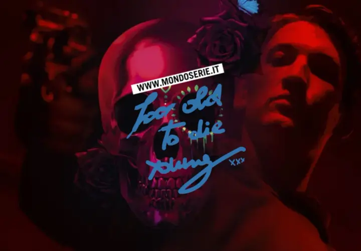 Recensione "Too Old to Die Young": teschio decorato, rose e un volto maschile emergono da un'atmosfera rossa e misteriosa.