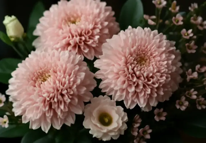 En bukett med rosa snittblommor, inklusive fluffiga krysantemum och små rosa blommor, visar upp olika snittblommor sorter.