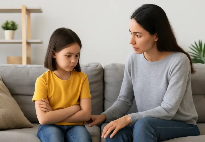 Madre habla con su hija, mostrando disciplina positiva. La niña, con los brazos cruzados, escucha atentamente.