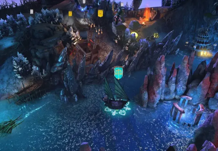 Żaglowiec płynie przez krystaliczne wody, w stronę zamku. To świat pełen **might and magic**.