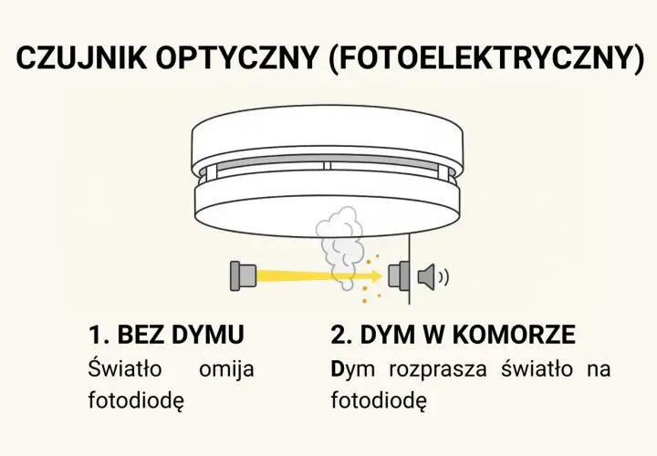 Ilustracja pokazuje, dlaczego czujnik dymu pika co jakiś czas. W komorze bez dymu światło omija fotodiodę, a w obecności dymu światło jest rozpraszane na fotodiodę.