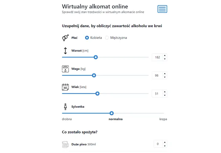 Wirtualny alkomat online. Wpisz dane: płeć, wzrost, wagę, wiek, sylwetkę i spożyte alkohole, by sprawdzić, jaka kara grozi za 0,13 promila.