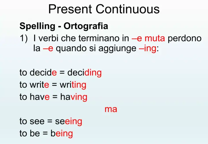 Spelling del Present Continuous: verbi che terminano in -e muta perdono la -e aggiungendo -ing. Esempi: deciding, writing, having, seeing, being.