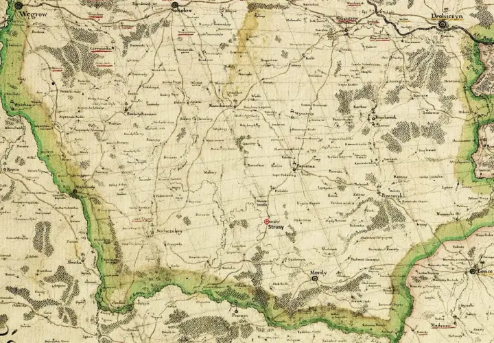 Stary, ręcznie rysowany plan pokazuje tereny, gdzie jest Podlasie, z zaznaczonymi wsiami i miasteczkami jak Strusy, Mordy, Losice.