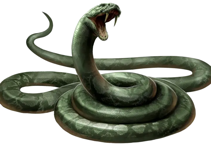 Zielony wąż z otwartą paszczą, przypominający Nagini z Harry'ego Pottera, wijący się na czarnym tle.