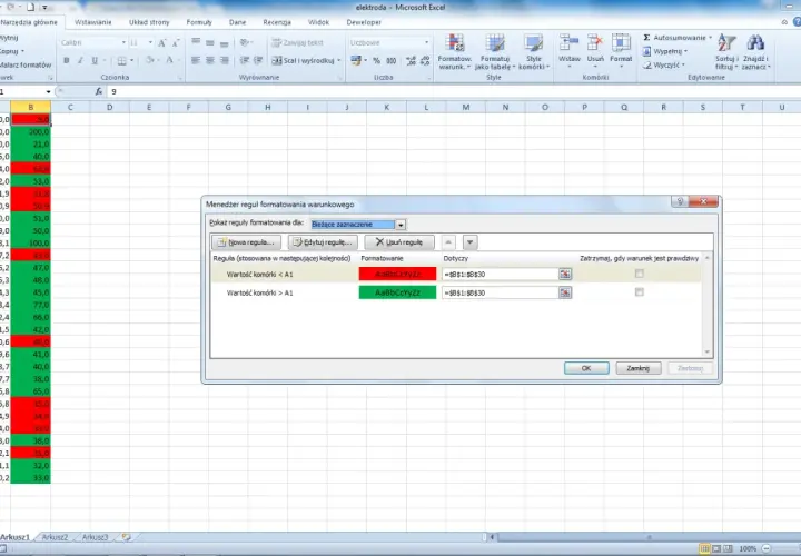 Excel: menedżer reguł formatowania warunkowego, gdzie komórki zmieniają kolor jeżeli wartość jest mniejsza lub większa od A1.