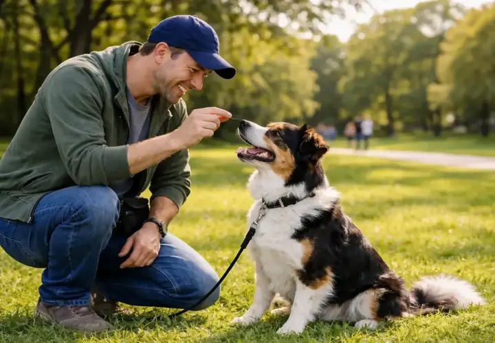 Ein Mann gibt seinem **labrador bellt** im Park ein Leckerli. Der Hund sitzt brav und schaut erwartungsvoll.