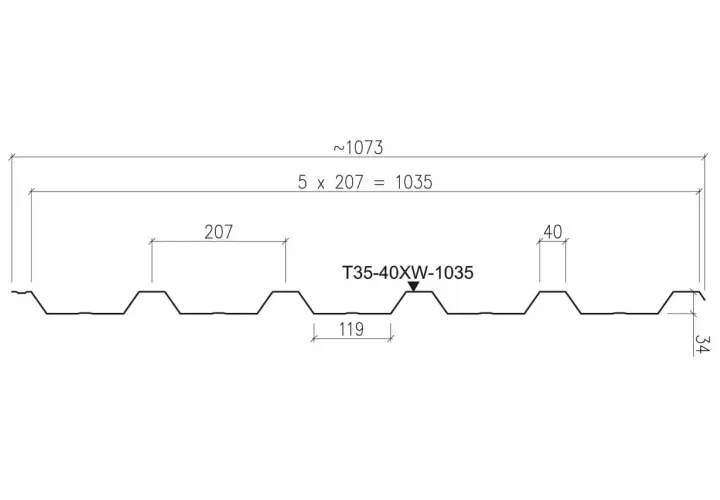Przekrój arkusza blachodachówki T35-40XW-1035. Wymiary: ok. 1073 mm całkowitej szerokości, 5 modułów po 207 mm, wysokość fali 40 mm, szerokość fali 119 mm, grubość 34 mm.