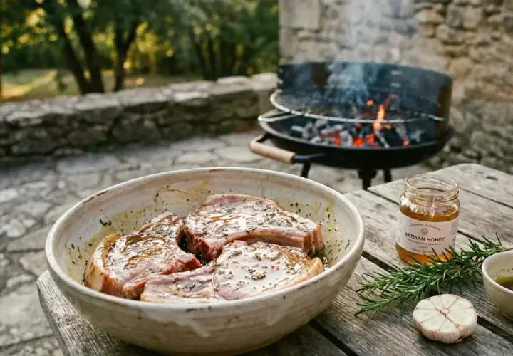 Côtes de porc marinées, prêtes pour le barbecue. Un pot de miel artisanal, du romarin et de l'ail complètent la scène.