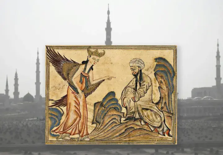 En ängel med vingar pekar på en man i turban. Bilden kan illustrera vem var Muhammed och hans möte med ängeln Gabriel.