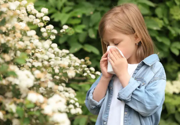 Niña con pañuelo en la nariz, rodeada de flores. Posiblemente sufre de alergia en niños.