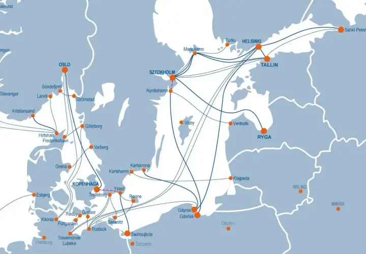 Mapa połączeń promowych: Gdańsk, Helsinki, Sztokholm, Tallinn, Ryga, Kopenhaga i inne porty Bałtyku.