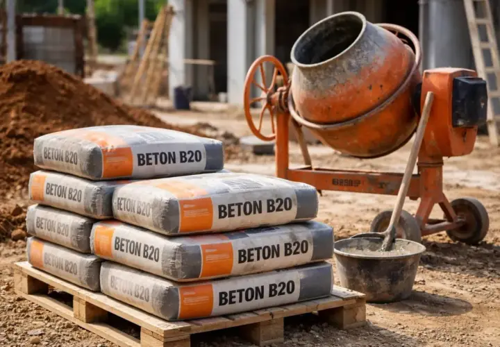 Stos worków z betonem B20 na palecie, obok betoniarki. Sprawdź, jaka jest aktualna kubik betonu cena i zacznij budowę!
