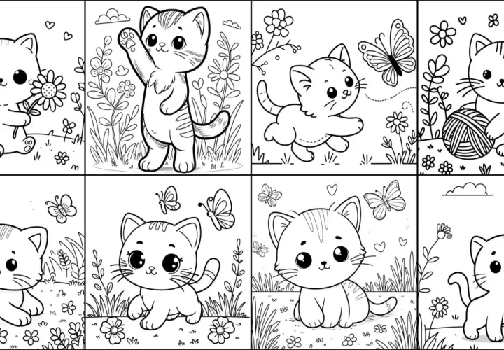 Ocho adorables gatitos para colorear, jugando con flores y mariposas. ¡Un mundo de diversión para pintar!
