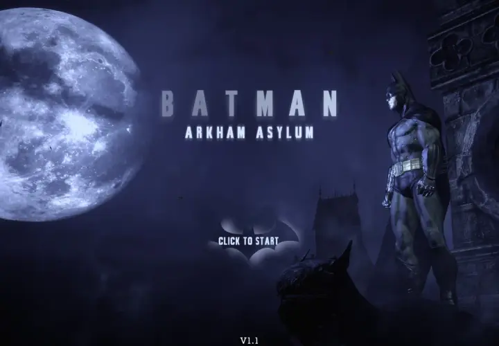 Batman Arkham Asylum spolszczenie. Mroczna noc, wielki księżyc i Batman na dachu. Kliknij, by rozpocząć.