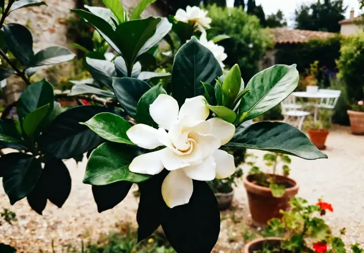 Magnifique fleur de gardenia blanche, aux feuilles vertes foncées. Un aperçu de son entretien dans un jardin ensoleillé.