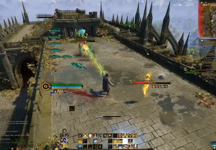 Gracze walczą z potworem w grze typu najlepsze gry mmorpg. Widać paski zdrowia, umiejętności i czat.