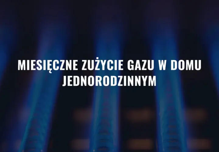 Płomienie palnika gazowego. Tekst: "Miesięczne zużycie gazu w domu jednorodzinnym".