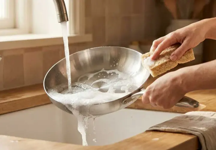 Main tenant, une éponge savonneuse pour nettoyer poêle sous un jet d'eau.