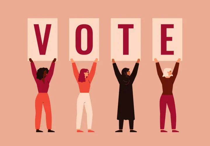 Vier Frauen halten Plakate mit den Buchstaben V, O, T, E hoch. Ein Symbol für den Kampf um das Frauenwahlrecht in Neuseeland.
