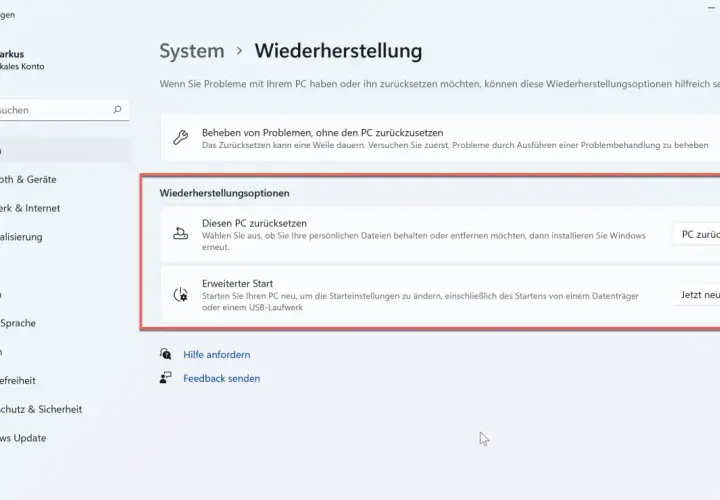 Windows-Einstellungen: PC neu aufsetzen. Optionen zur Wiederherstellung des Systems, um den PC zurückzusetzen oder den erweiterten Start zu nutzen.