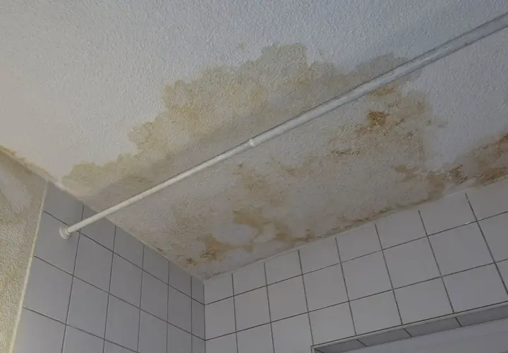 Decken- und Wandflecken deuten auf eine feuchte Wand hin, die saniert werden muss.