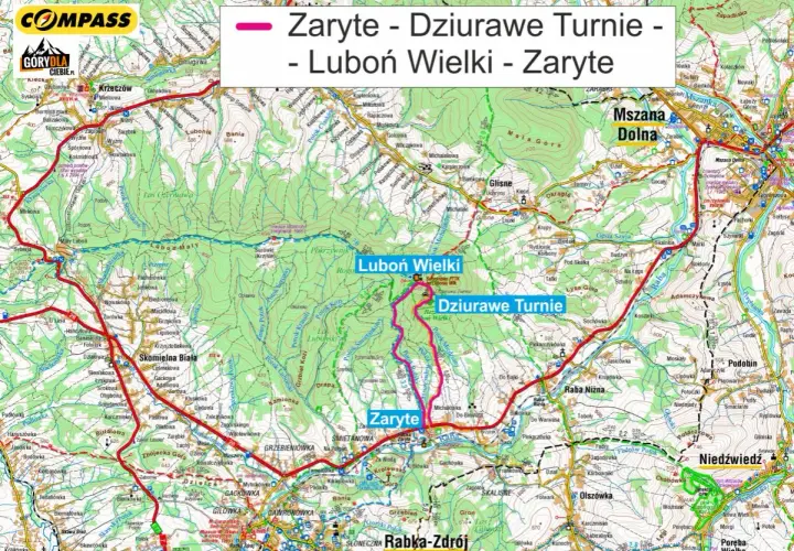 Trasa Zaryte - Dziurawe Turnie - Luboń Wielki. Mapa turystyczna z zaznaczonymi szlakami, w tym luboń trasa.