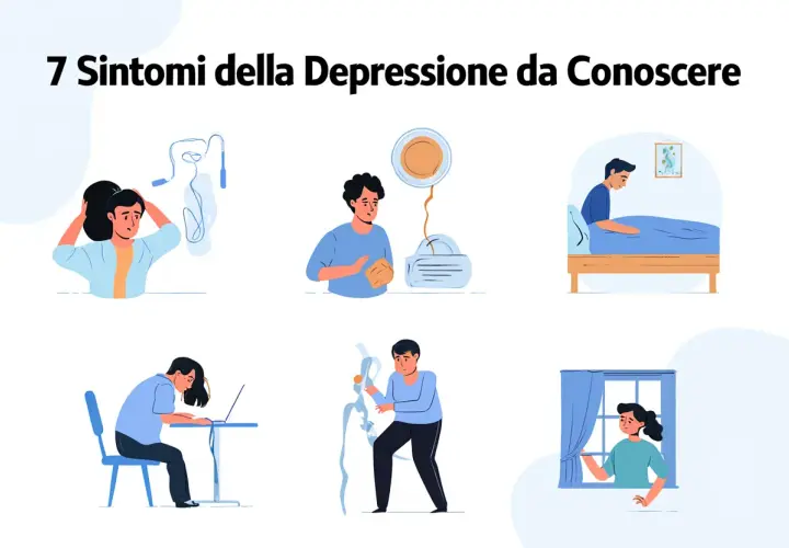 Illustrazioni di persone che mostrano sintomi di depressione, ma con piccoli segnali di ripresa dalla depressione, come un accenno di sorriso o un gesto di apertura.