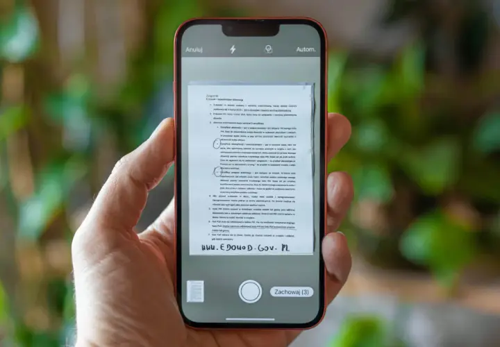 Dłoń trzyma telefon z włączonym skanerem w telefonie, który skanuje dokument.