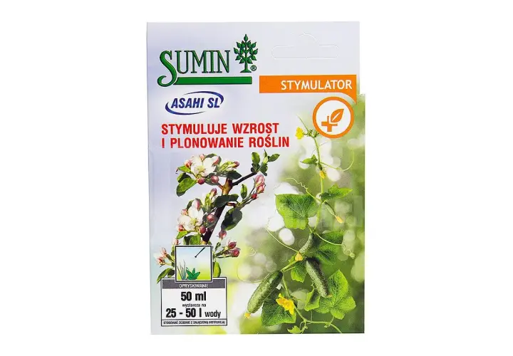 Opakowanie stymulatora SUMIN ASAHI SL. Opisuje dawkowanie: 50 ml na 25-50 l wody, dla lepszego wzrostu i plonowania roślin.