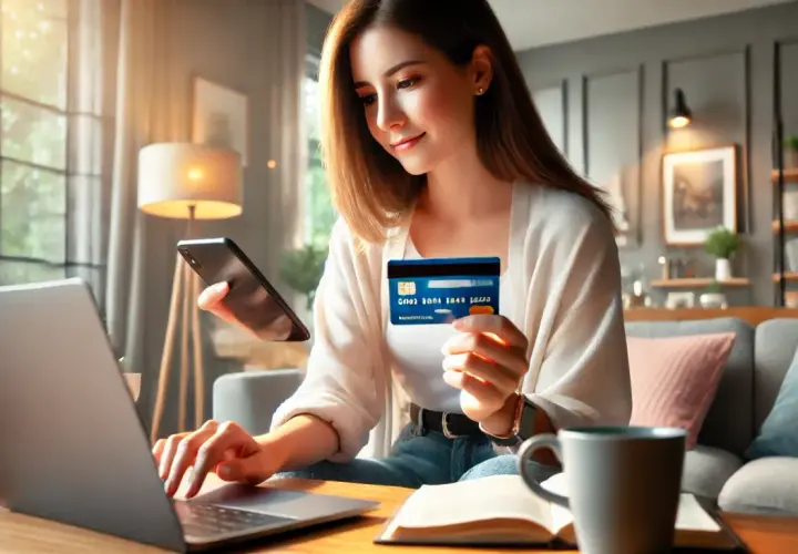 Kobieta z kartą kredytową i telefonem uczy się, jak zapłacić Paypo, wpisując dane na laptopie.