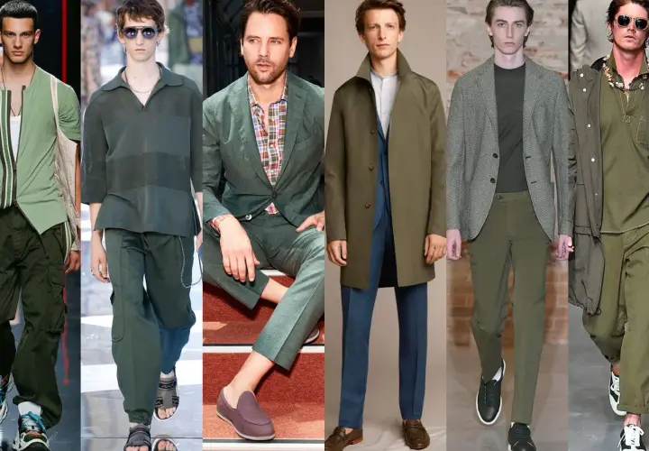 Męskie stylizacje w odcieniach **kolor sage**: od casualowych bojówek po eleganckie garnitury i płaszcze.