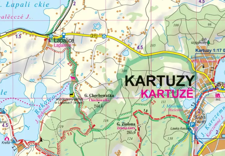 Fragment mapy turystycznej przedstawiający jeziora i miejscowości w **Kaszubskim Parku Krajobrazowym**, w tym Kartuzy.