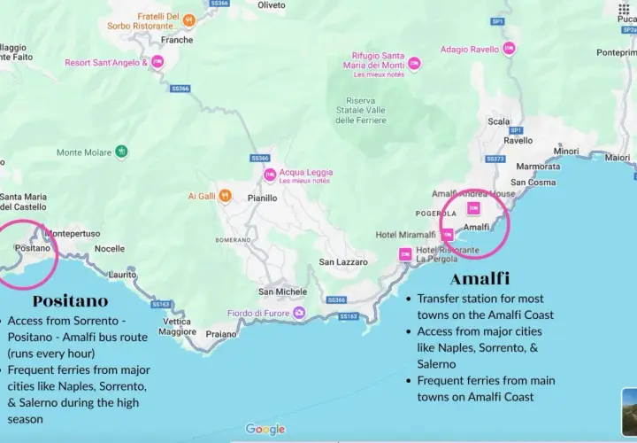 Amalfi Coast towns map highlighting Positano and Amalfi, showing transport links.