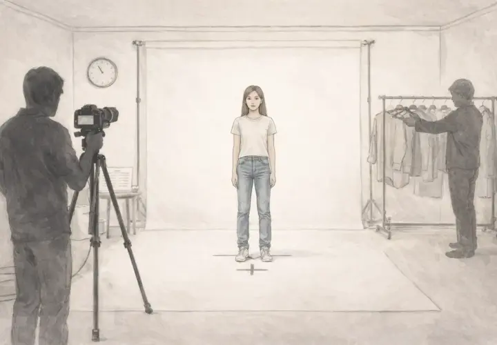 Sesja zdjęciowa modelki w studiu, fotograf z aparatem, wieszaki z ubraniami.