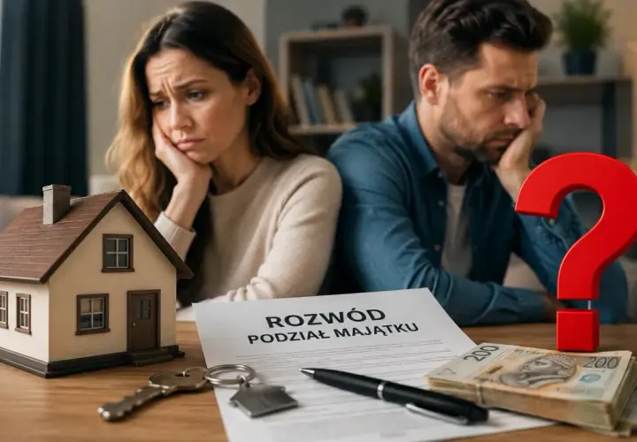 Para zmartwiona przy stole z dokumentem "Rozwód Podział Majątku", miniaturką domu, kluczami, pieniędzmi i znakiem zapytania.