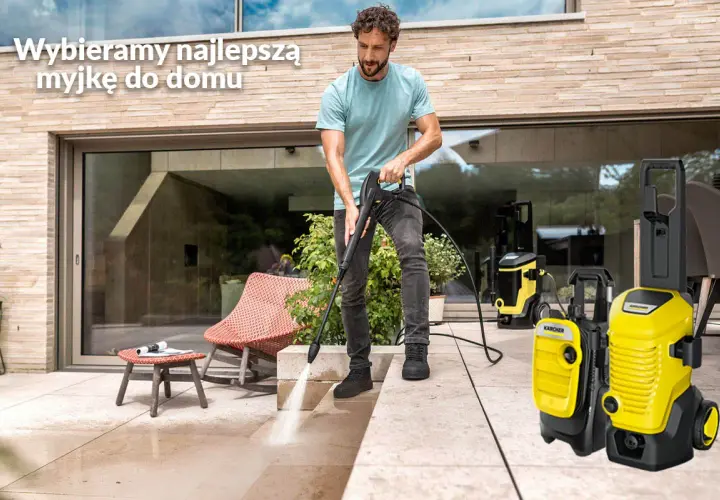 Mężczyzna używa myjki ciśnieniowej na tarasie obok żółtych urządzeń Karcher.