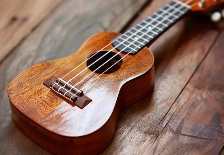 Drewniane ukulele dla dorosłych, gotowe do tworzenia melodii na rustykalnym tle.