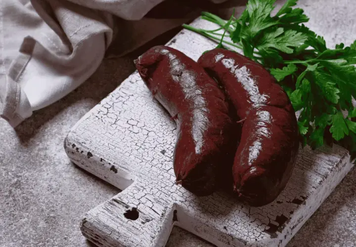 Deux boudins noirs sur une planche en bois, prêts à être cuits. Apprenez comment cuire le boudin noir sans qu'il éclate pour un plat parfait.