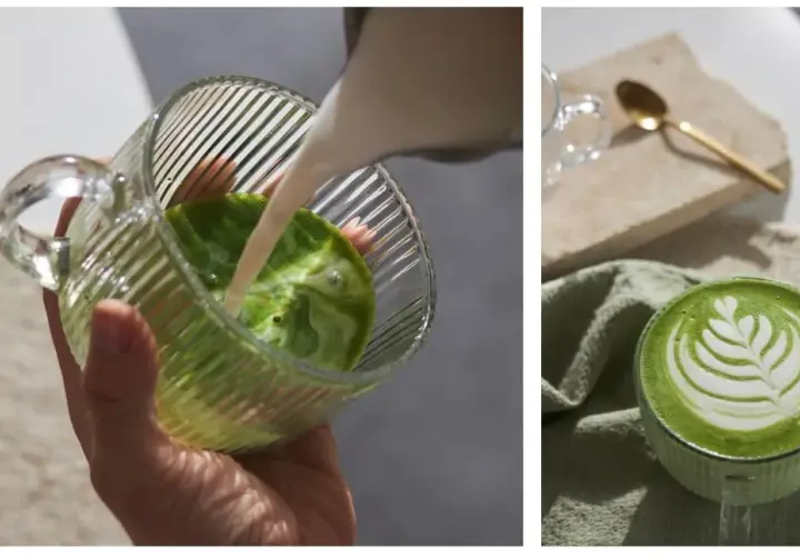 Jak przygotować herbatę matcha: spienione mleko wlewane do zielonego napoju w szklance, a obok gotowy napój z pianką latte art.