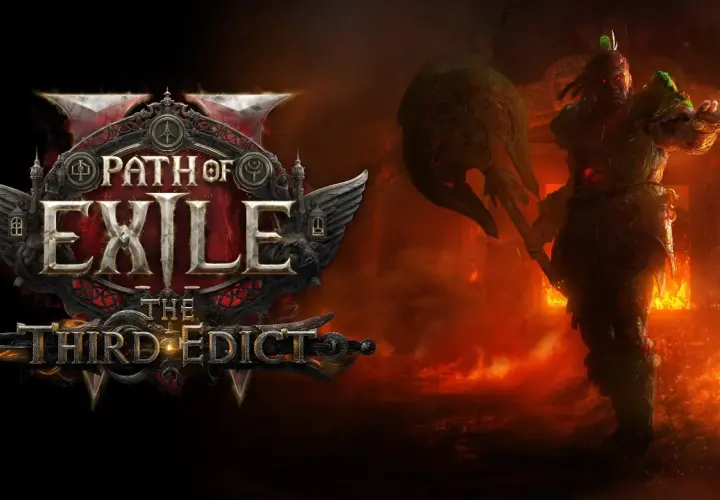 Mroczny wojownik z toporem w płomieniach, obok logo Path of Exile 2 po polsku.