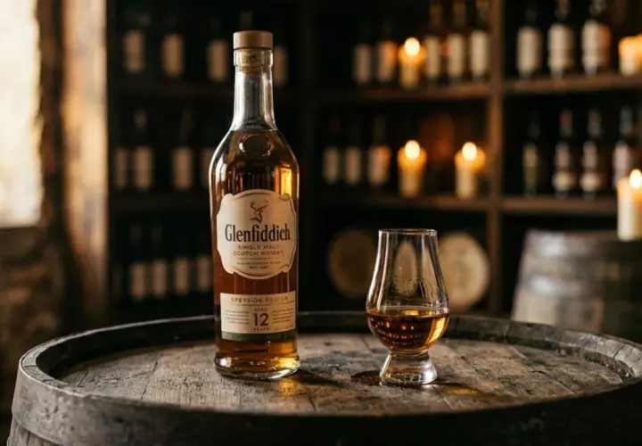 Butelka Glenfiddich 12yo Single Malt i kieliszek z whisky. Różnica między Single Malt a Blended Whisky, proces produkcji i cena.