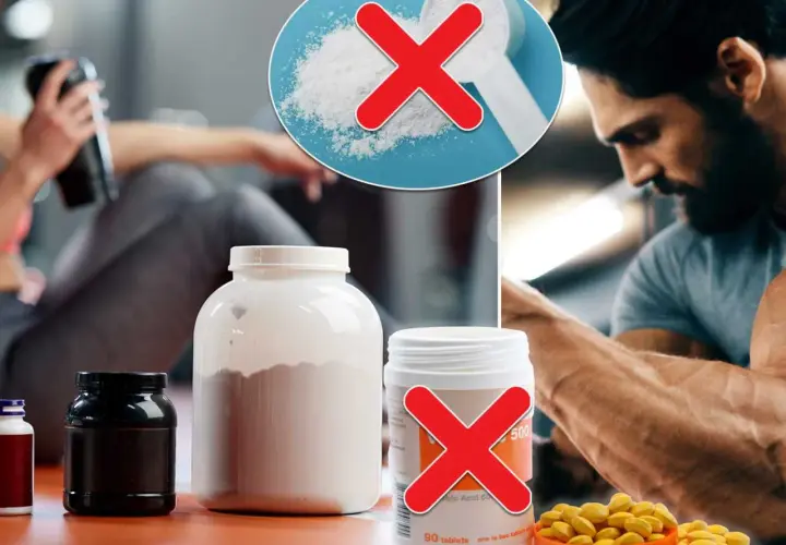 I gymmet, med kosttillskott och en man som tränar. En bild visar att det finns bara 2 kosttillskott som fungerar.