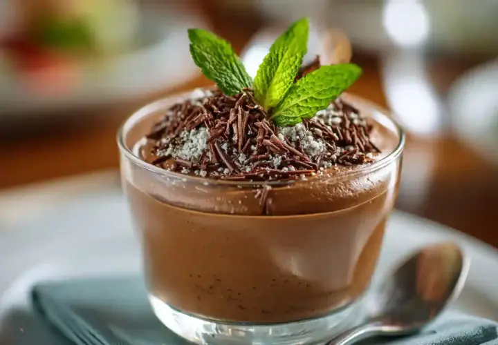 Une coupe de mousse au chocolat onctueuse, garnie de copeaux de chocolat et de menthe fraîche. Parfait pour une recette facile.