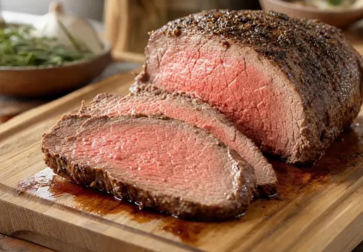 Un rôti de bœuf juteux, tranché sur une planche en bois. J'ai oublié de mettre la viande au frigo, mais elle a l'air délicieuse !