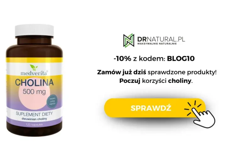 Butelka suplementu diety z choliną 500 mg, z napisem "SPRAWDŹ" i ikoną kliknięcia.